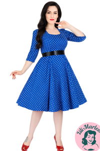 Miss Betty – Blå Swingkjole med Hvide Prikker